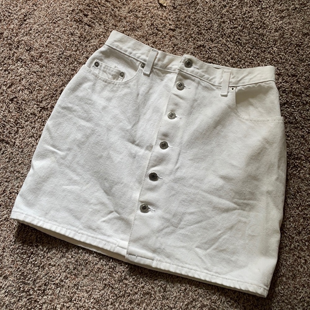 White blue Jean button down mini skirt.